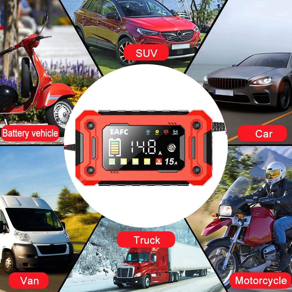 EAFC 12V Smart Battery Charger – Pulse Repair, LCD Display, AGM/GEL/Lead