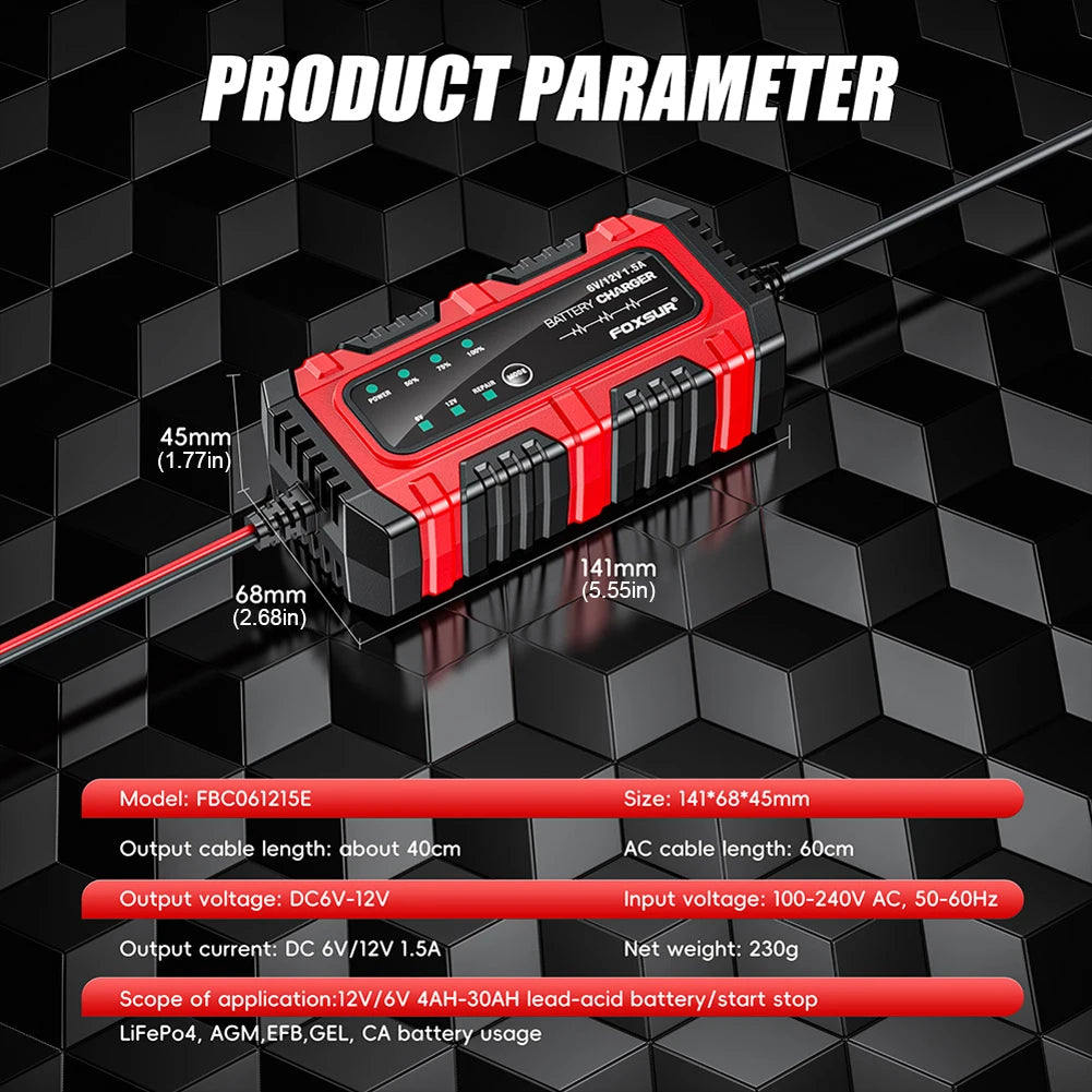 Chargeur de Batterie Intelligent 6V/12V 1.5A – Réparation par Impulsions, AGM GEL Plomb, Moto Bateau