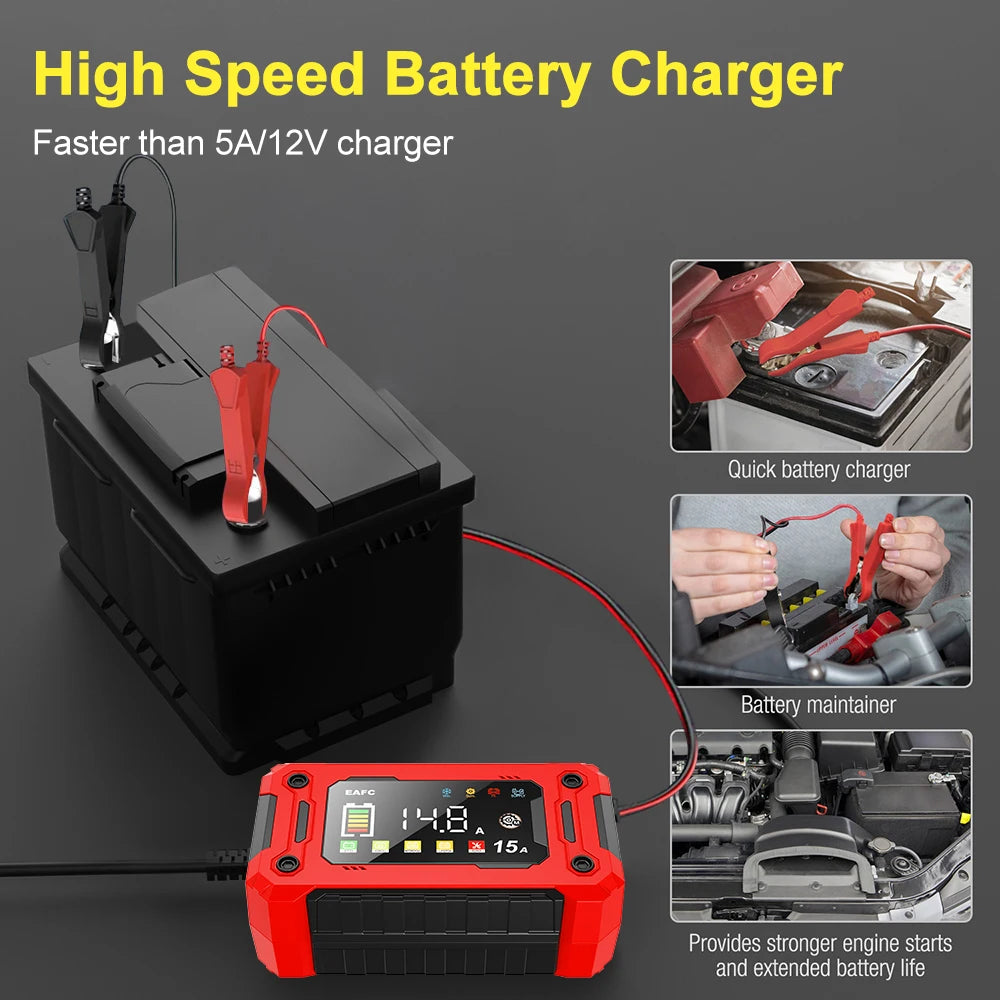 EAFC 12V Smart Battery Charger – Pulse Repair, LCD Display, AGM/GEL/Lead