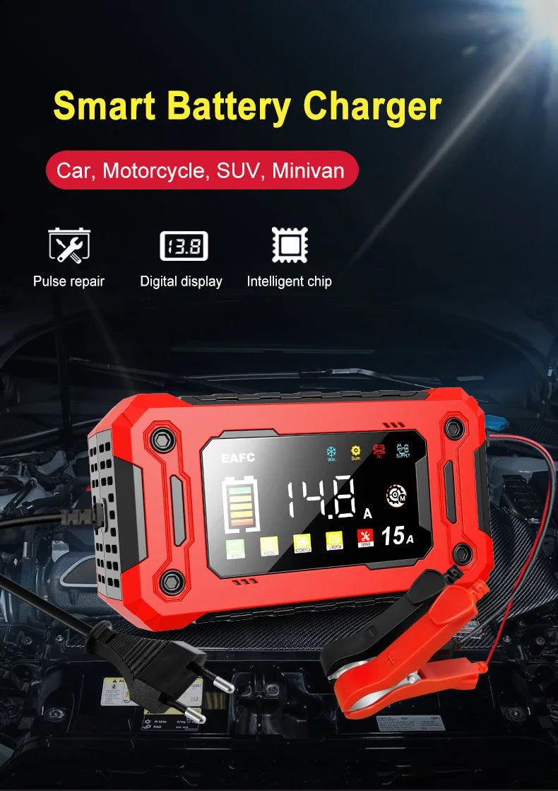 Chargeur de Batterie Intelligent EAFC 12V – Réparation par Impulsions, Écran LCD, AGM/GEL/Plomb