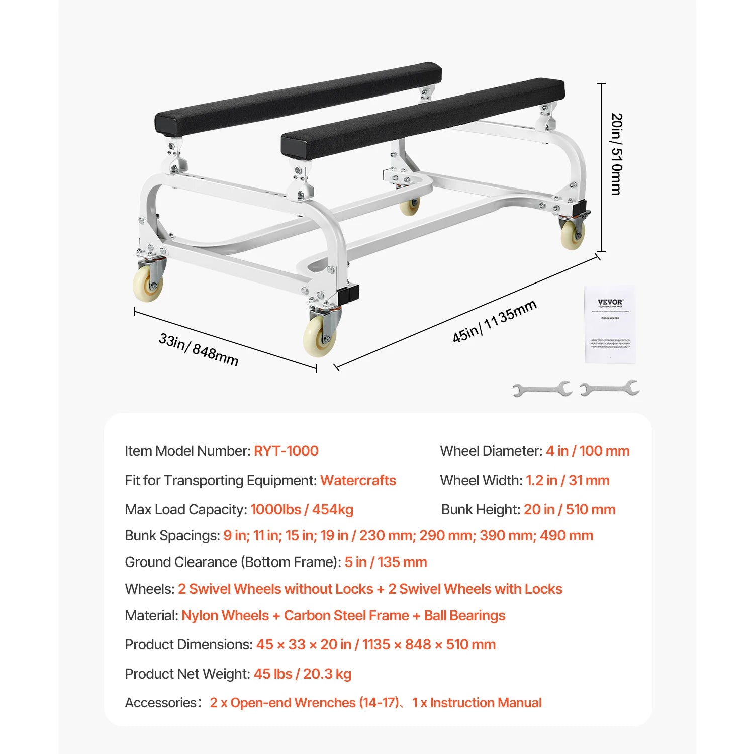 VEVOR 454kg / 590kg Jet Ski Launch Dolly – Adjustable PWC Dolly
