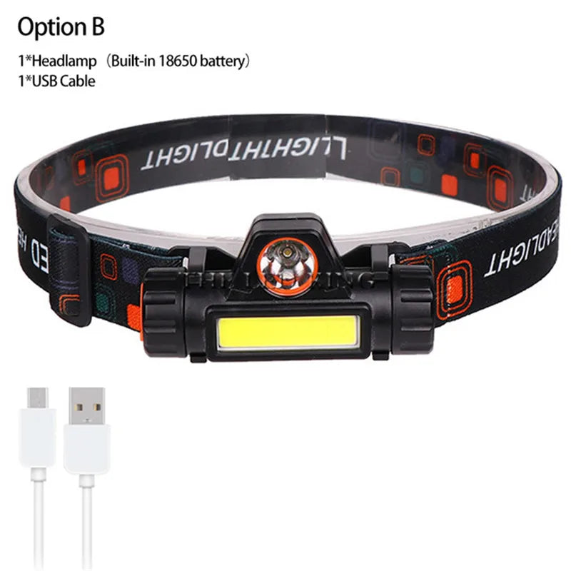 Rechargeable USB COB LED Headlamp – 2000 lm, 6 Modes, Waterproof | Camping, Fishing, Boating