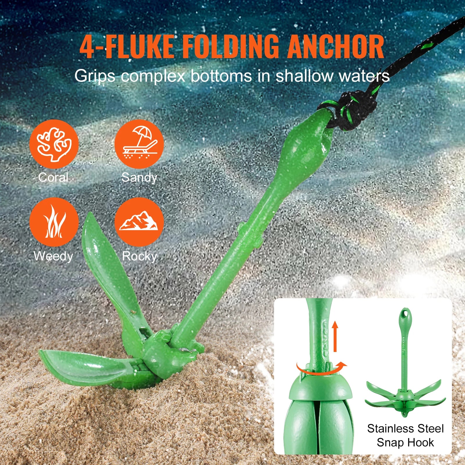 Kit de Anclaje Plegable de 1,6 kg para Moto de Agua, Barco – Cuerda de 8 m, Boya y Bolsa Incluidos