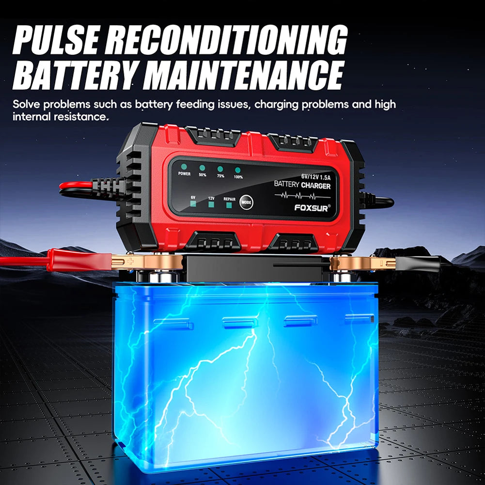Chargeur de Batterie Intelligent 6V/12V 1.5A – Réparation par Impulsions, AGM GEL Plomb, Moto Bateau