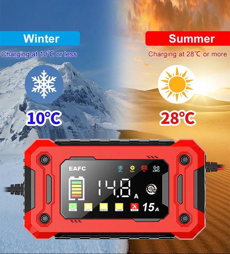 Chargeur de Batterie Intelligent EAFC 12V – Réparation par Impulsions, Écran LCD, AGM/GEL/Plomb