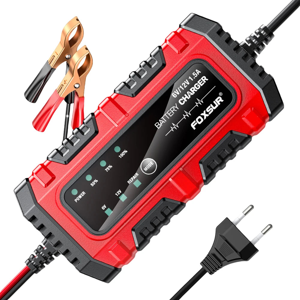 6V/12V 1.5A Smart Battery Charger – Pulse Repair, AGM GEL Lead Acid, Motorcycle Boat