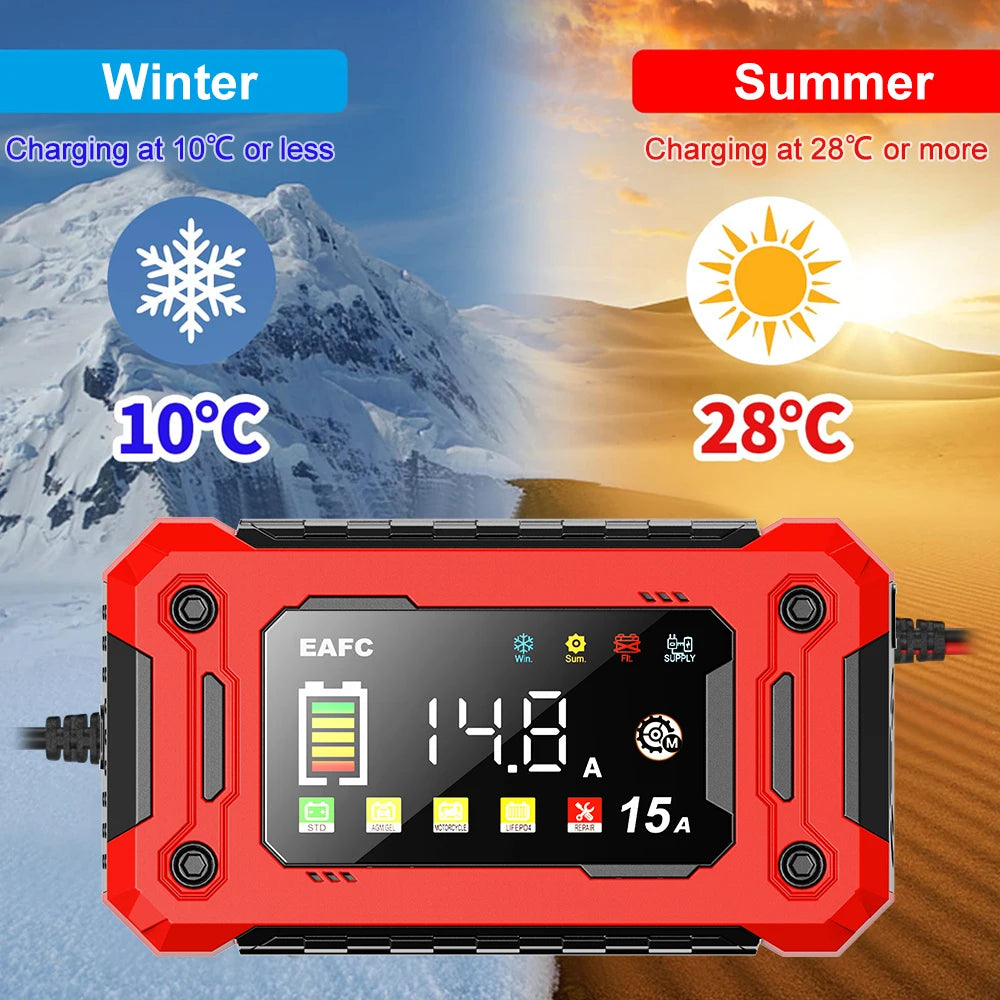 Chargeur de Batterie Intelligent EAFC 12V – Réparation par Impulsions, Écran LCD, AGM/GEL/Plomb
