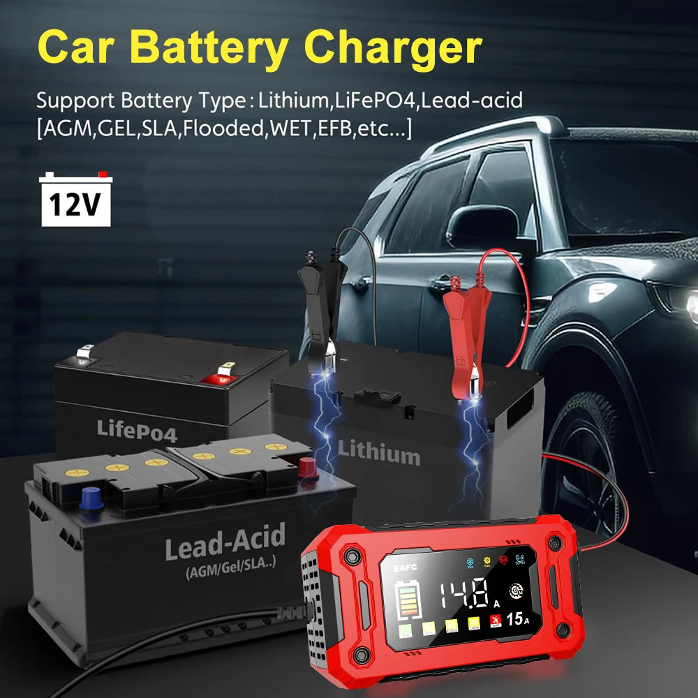 EAFC 12V Smart Battery Charger – Pulse Repair, LCD Display, AGM/GEL/Lead