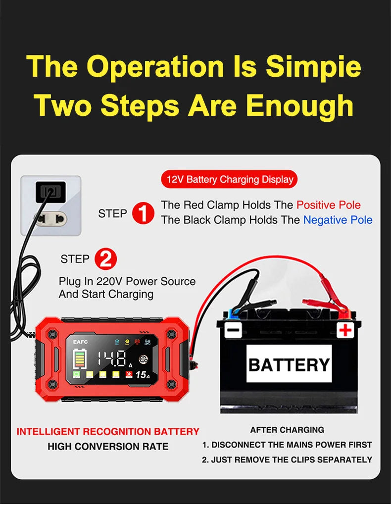 Chargeur de Batterie Intelligent EAFC 12V – Réparation par Impulsions, Écran LCD, AGM/GEL/Plomb