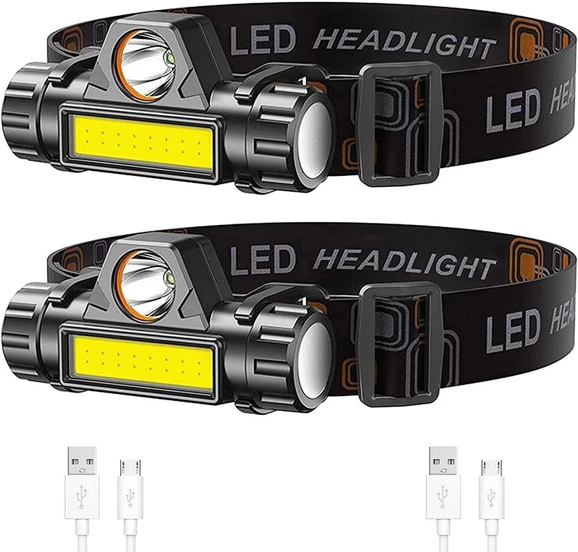 Lampe Frontale LED COB Rechargeable USB – 2000 lm, 6 Modes, Waterproof | Camping, Pêche, Nautique