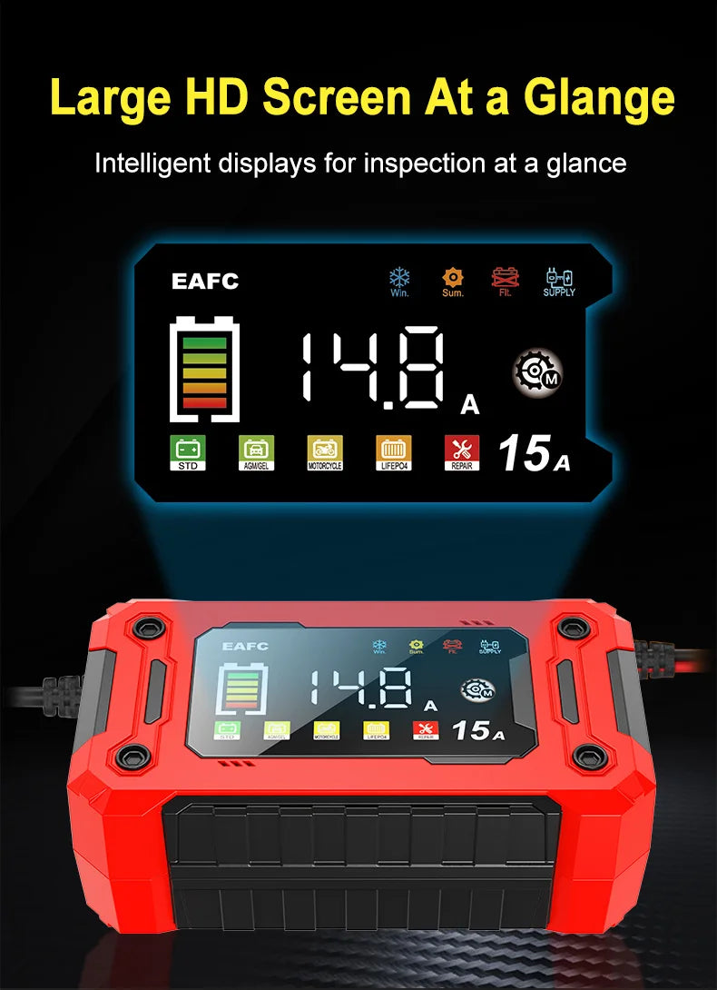 Chargeur de Batterie Intelligent EAFC 12V – Réparation par Impulsions, Écran LCD, AGM/GEL/Plomb