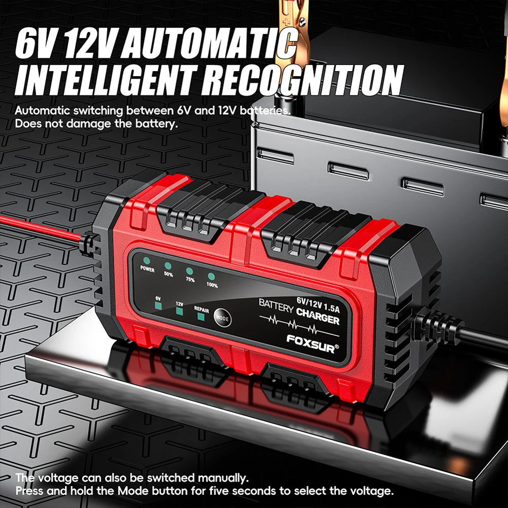 Chargeur de Batterie Intelligent 6V/12V 1.5A – Réparation par Impulsions, AGM GEL Plomb, Moto Bateau