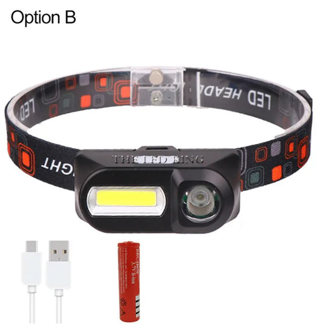Rechargeable USB COB LED Headlamp – 2000 lm, 6 Modes, Waterproof | Camping, Fishing, Boating
