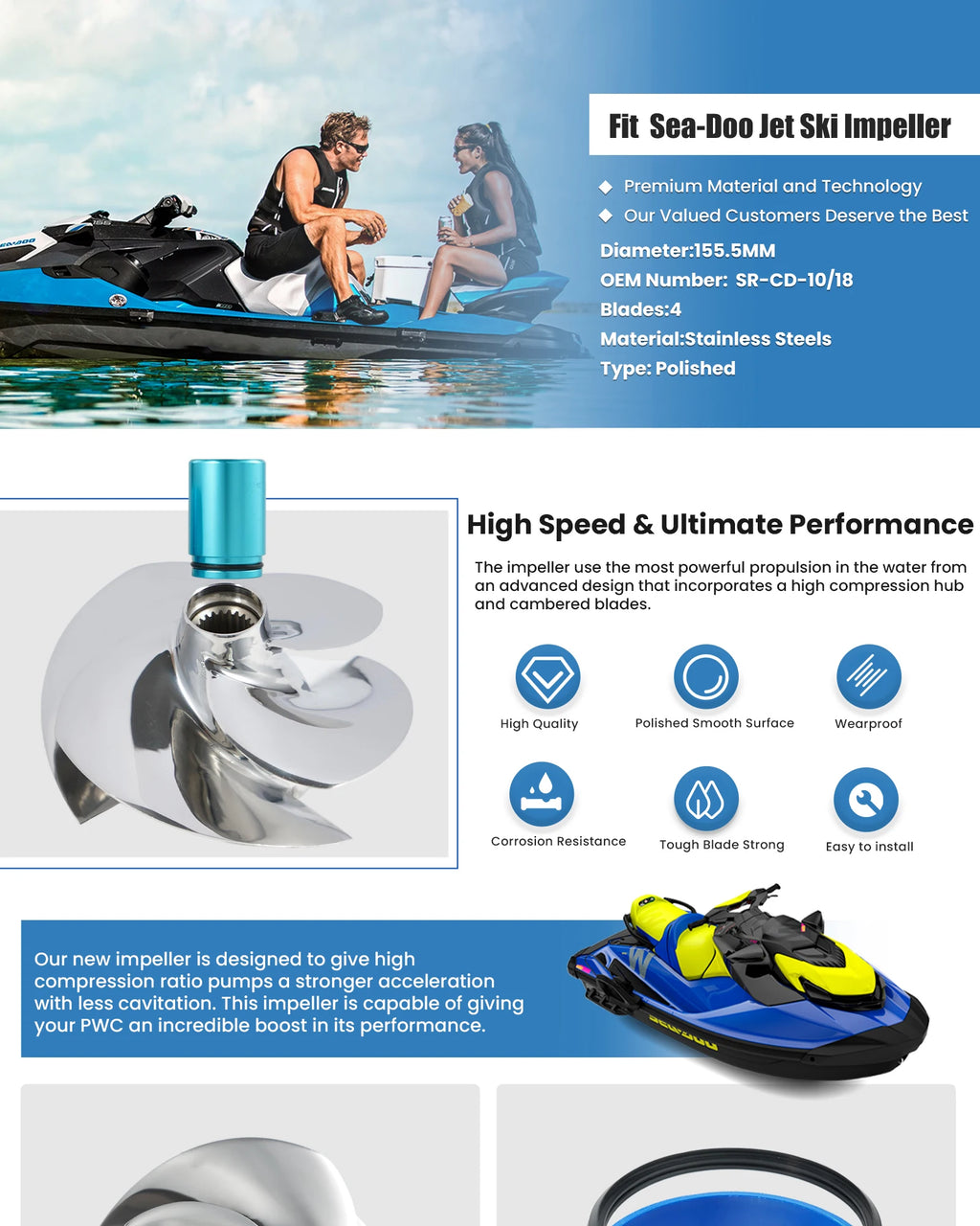 Kit Completo de Propulsión Sea-Doo GTI / SE 130 – Reemplaza Solas SR-CD-10/18 – 155,5mm