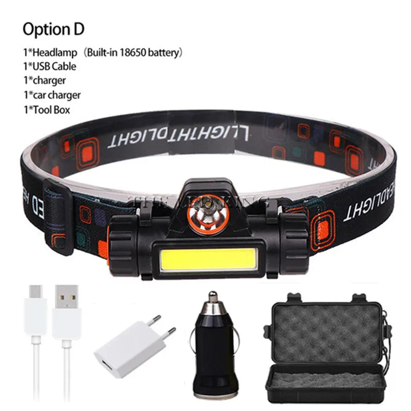 Rechargeable USB COB LED Headlamp – 2000 lm, 6 Modes, Waterproof | Camping, Fishing, Boating