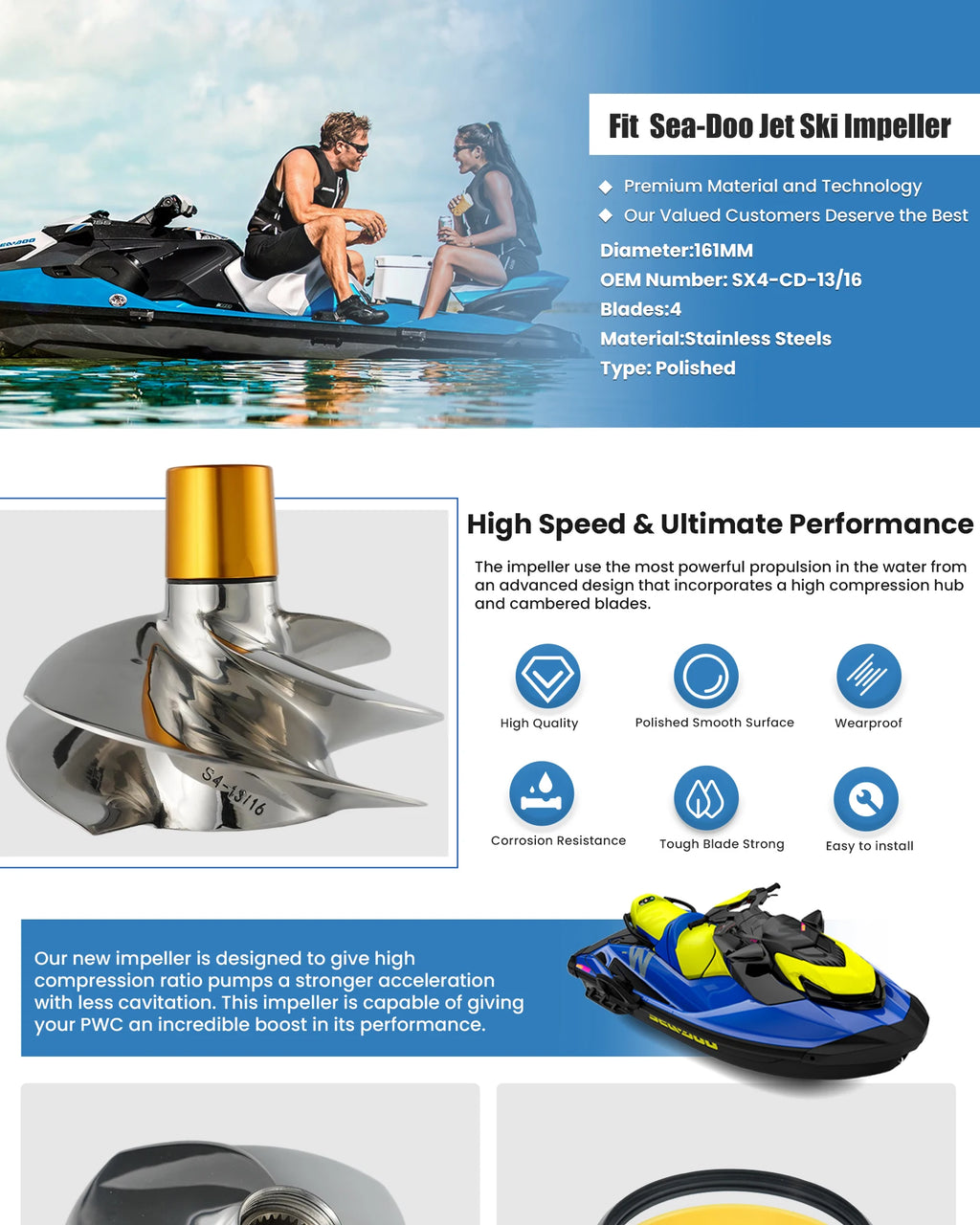 Kit Propulsion Complet Sea-Doo GTR 230 / GTX / Wake Pro / RXP-X 300 – Remplace Solas SX4-CD-13/16 – 161mm