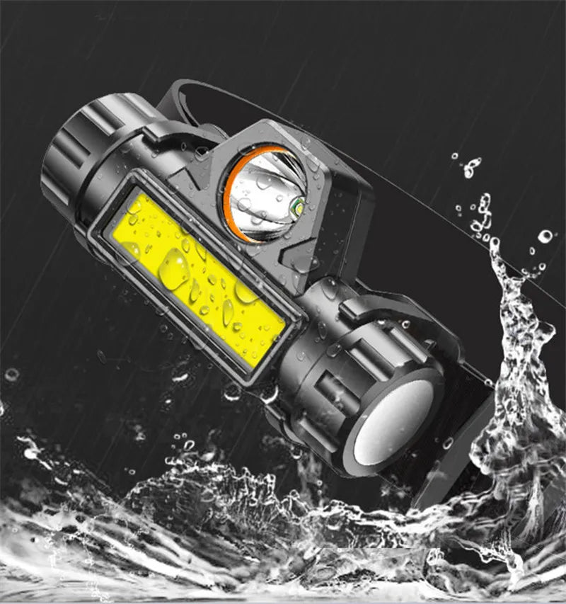 Lampe Frontale LED COB Rechargeable USB – 2000 lm, 6 Modes, Waterproof | Camping, Pêche, Nautique