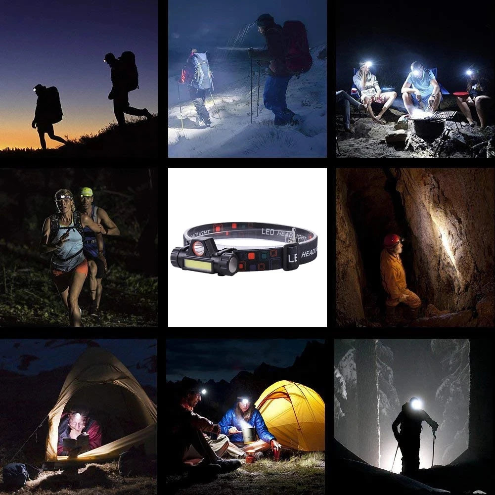 Lampe Frontale LED COB Rechargeable USB – 2000 lm, 6 Modes, Waterproof | Camping, Pêche, Nautique