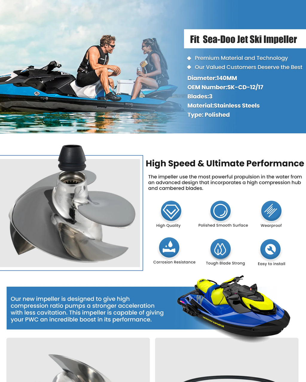 Kit de Propulsión Completo Sea-Doo Spark 900 & Williams 280 Minijet – 140mm 3 Palas – Reemplaza Solas SK-CD 12/17