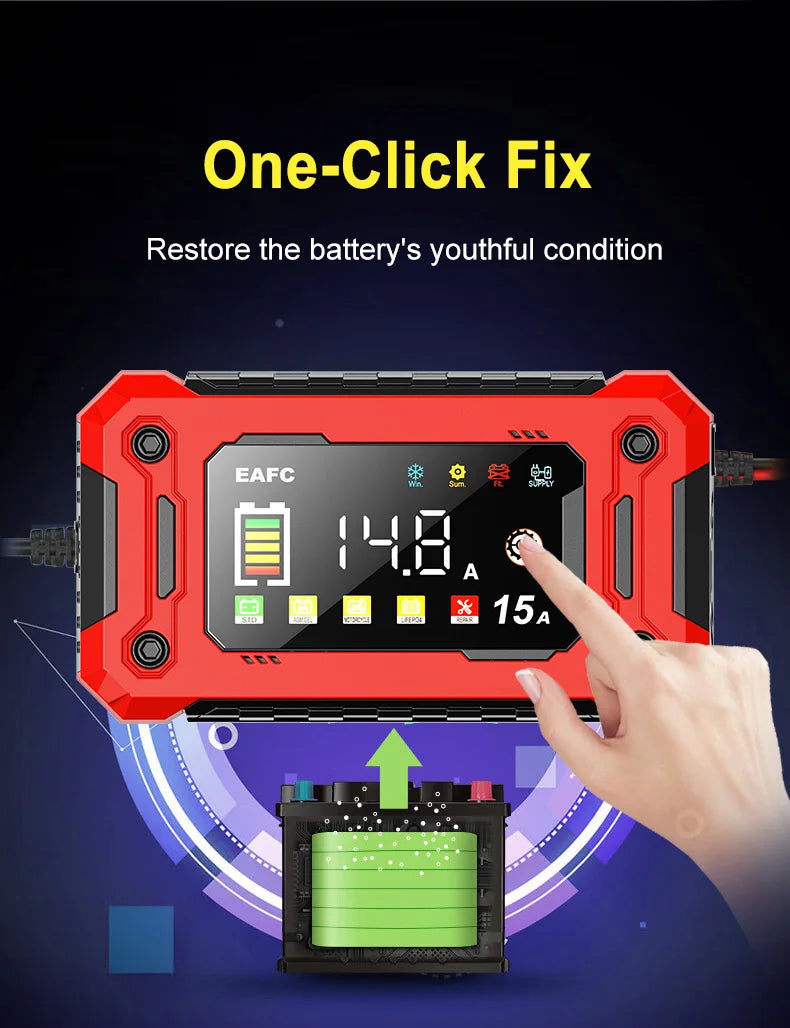 Chargeur de Batterie Intelligent EAFC 12V – Réparation par Impulsions, Écran LCD, AGM/GEL/Plomb