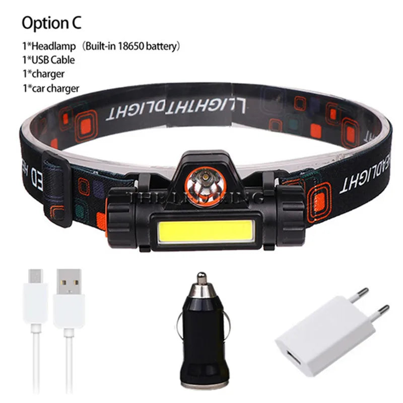 Rechargeable USB COB LED Headlamp – 2000 lm, 6 Modes, Waterproof | Camping, Fishing, Boating