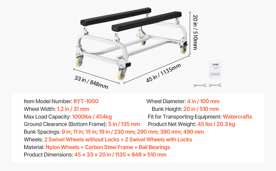 Chariot de Mise à l'Eau Jet Ski VEVOR 454kg /590 kg – Dolly PWC Ajustable