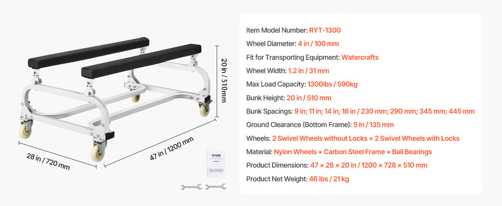 Chariot de Mise à l'Eau Jet Ski VEVOR 454kg /590 kg – Dolly PWC Ajustable