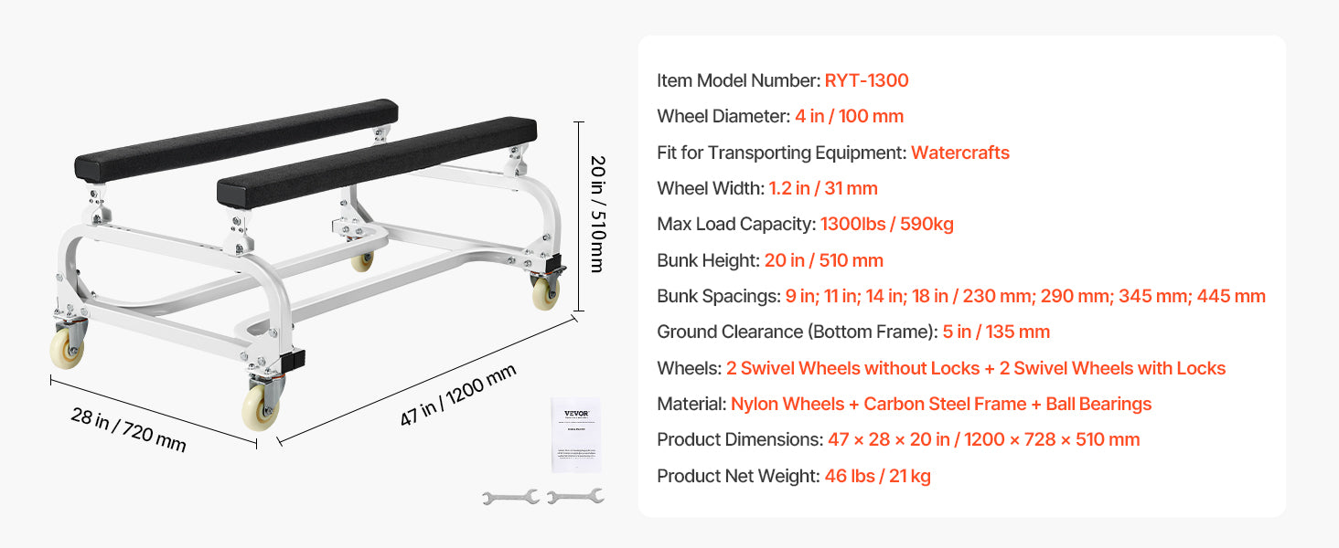 Chariot de Mise à l'Eau Jet Ski VEVOR 454kg /590 kg – Dolly PWC Ajustable